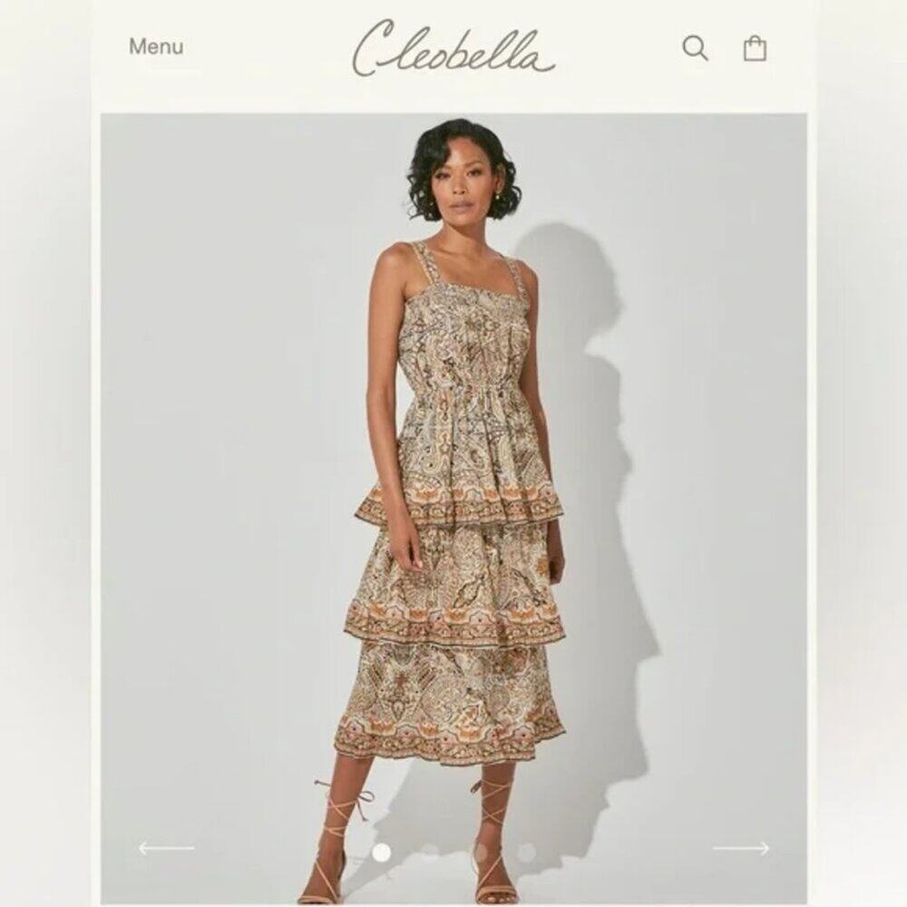CLEOBELLA Rosalie Boho Midi Dress SZ MEDIUM Tiered Ruffle Paisley Kaleidoscope